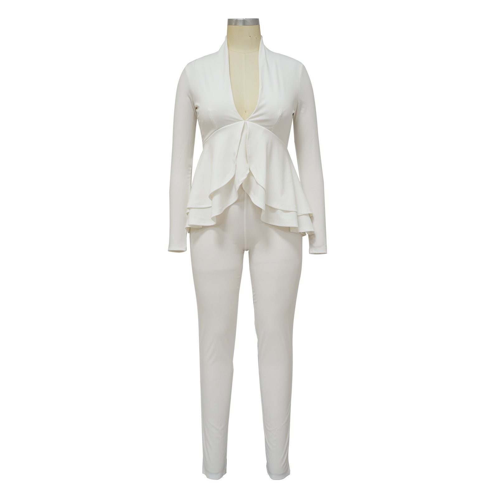 Women'S Autumn Solid Ruffle Deep V Neck Long Sleeve Top Pencil Pants Two Piece Set 16