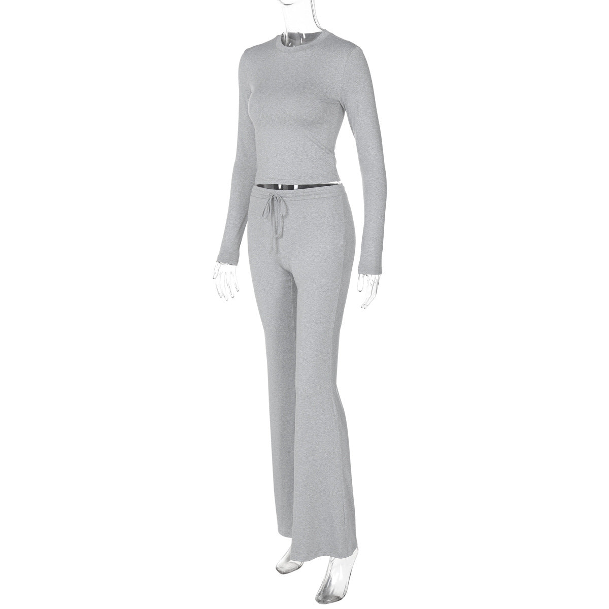 Women Autumn and Winter Crop Long Sleeve Top Lace Bell Bottom PantTwo Piece Set 10