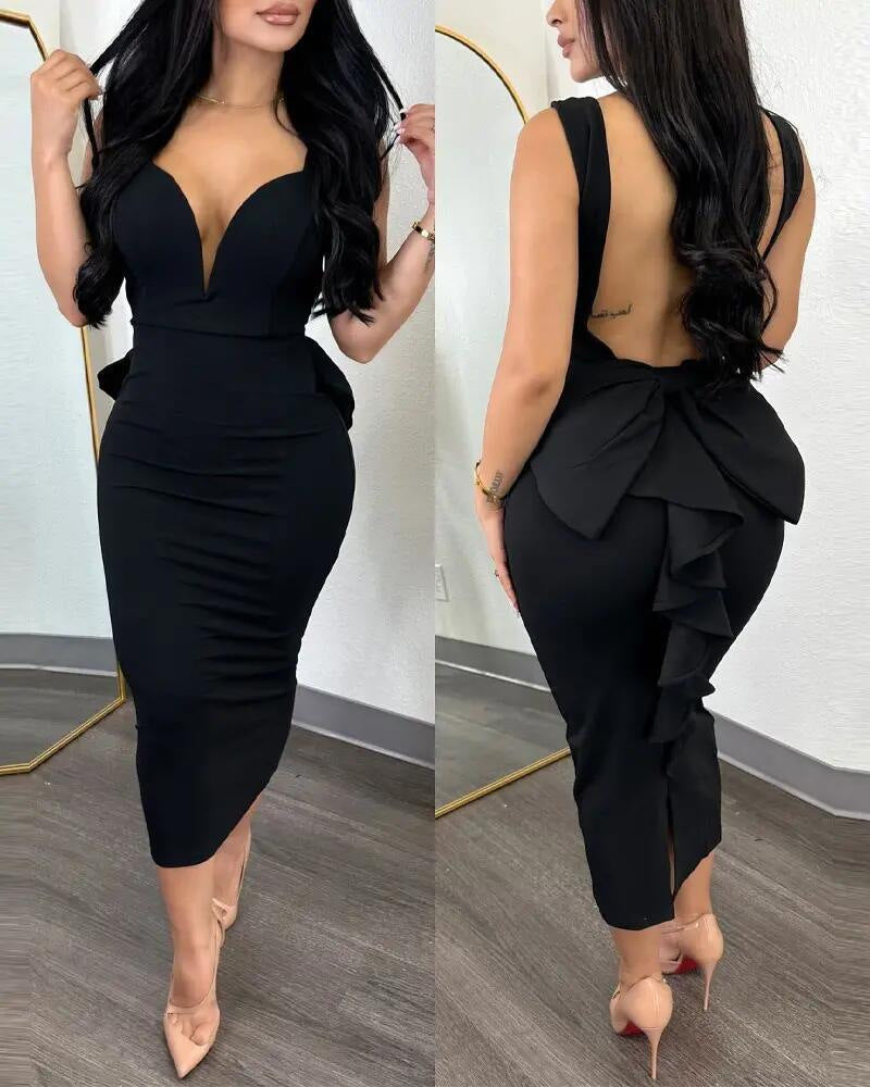 Chic Elegant Solid Color Low Back Deep V High Waist Bow Elastic Slit Bodycon Dress