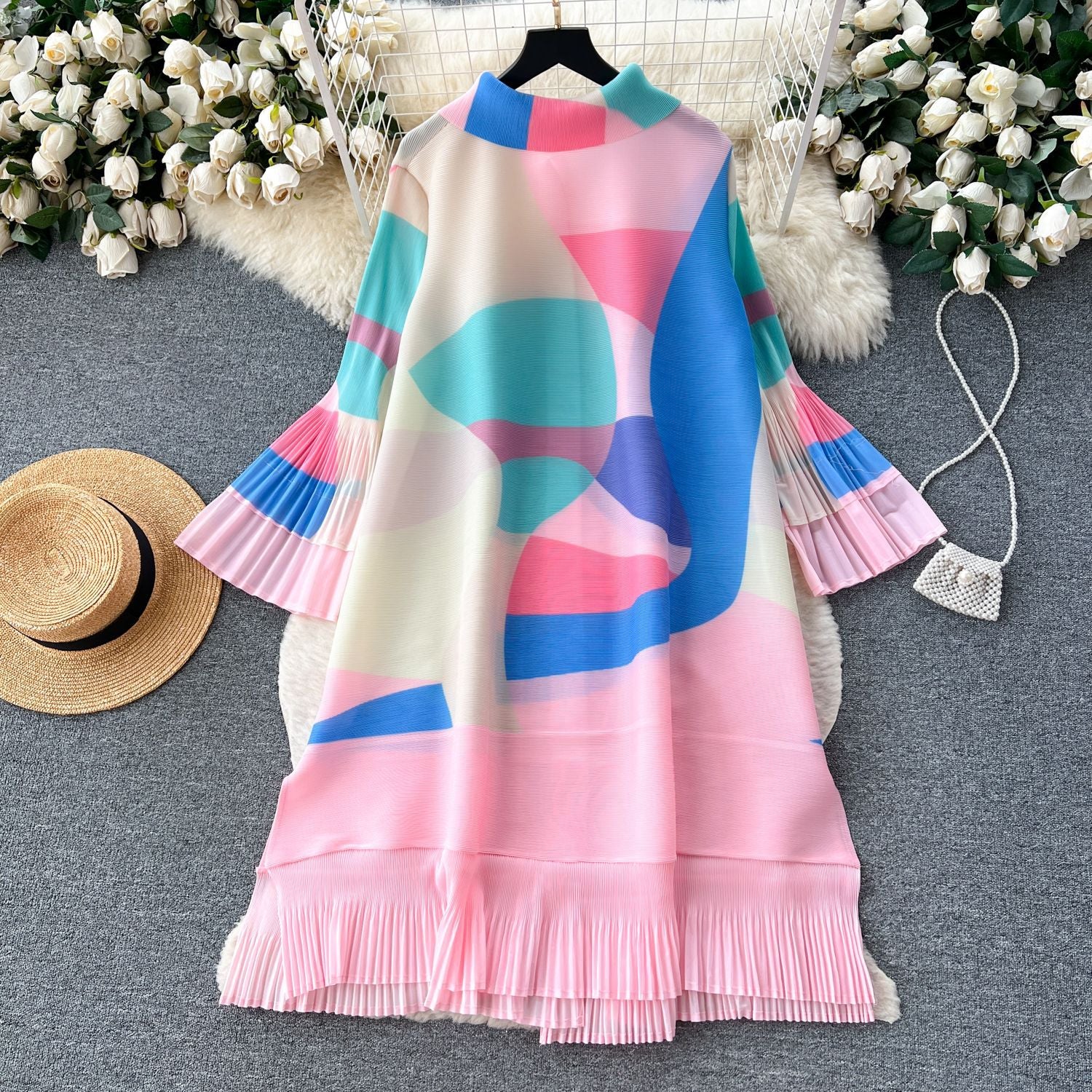 Print Women Summer Loose Slim Fit Casual Pleated Dress 7