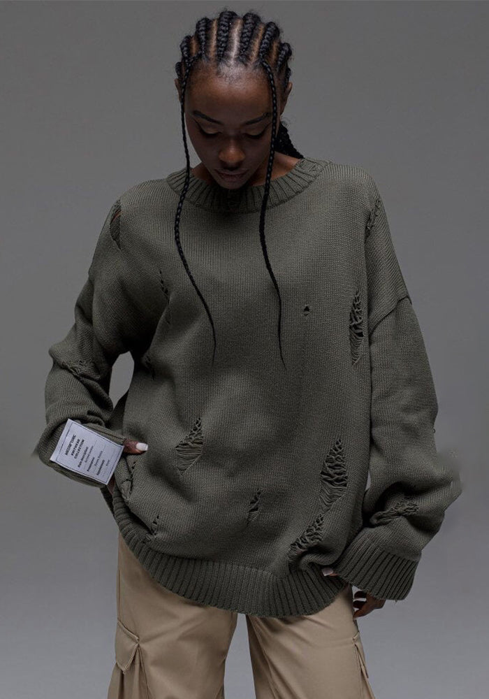 Women Casual Ripped Round Neck Loose Long Sleeve Sweater