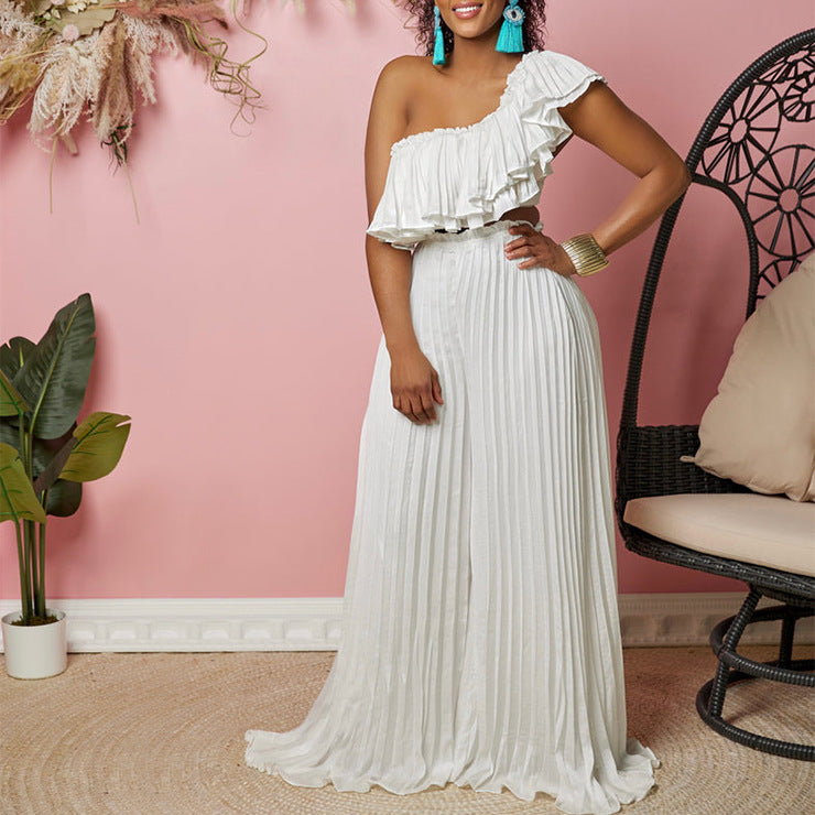 Women's Slash Shoulder Low Back Ruffled Sexy Top Pleated Wide Leg Pant Two-Piece Set 4