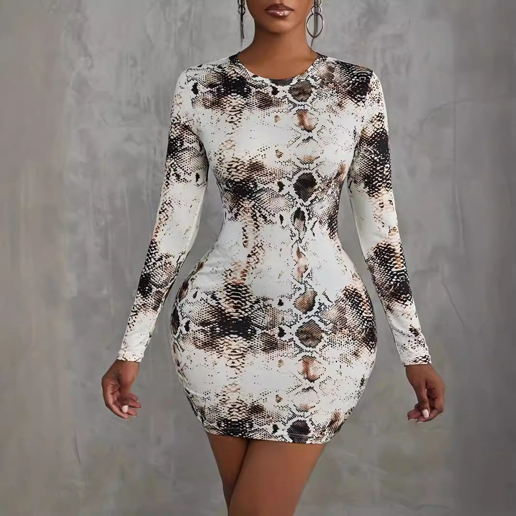 Women's Round Neck Snake Print Long Sleeve Bodycon Dress 6