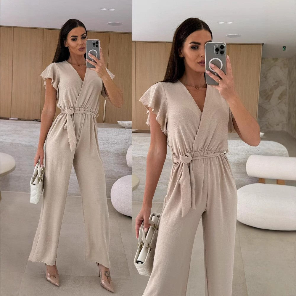 Women V-Neck Ruffle Sleeve Lace-Up Casual Wide Leg Jumpsuit 10