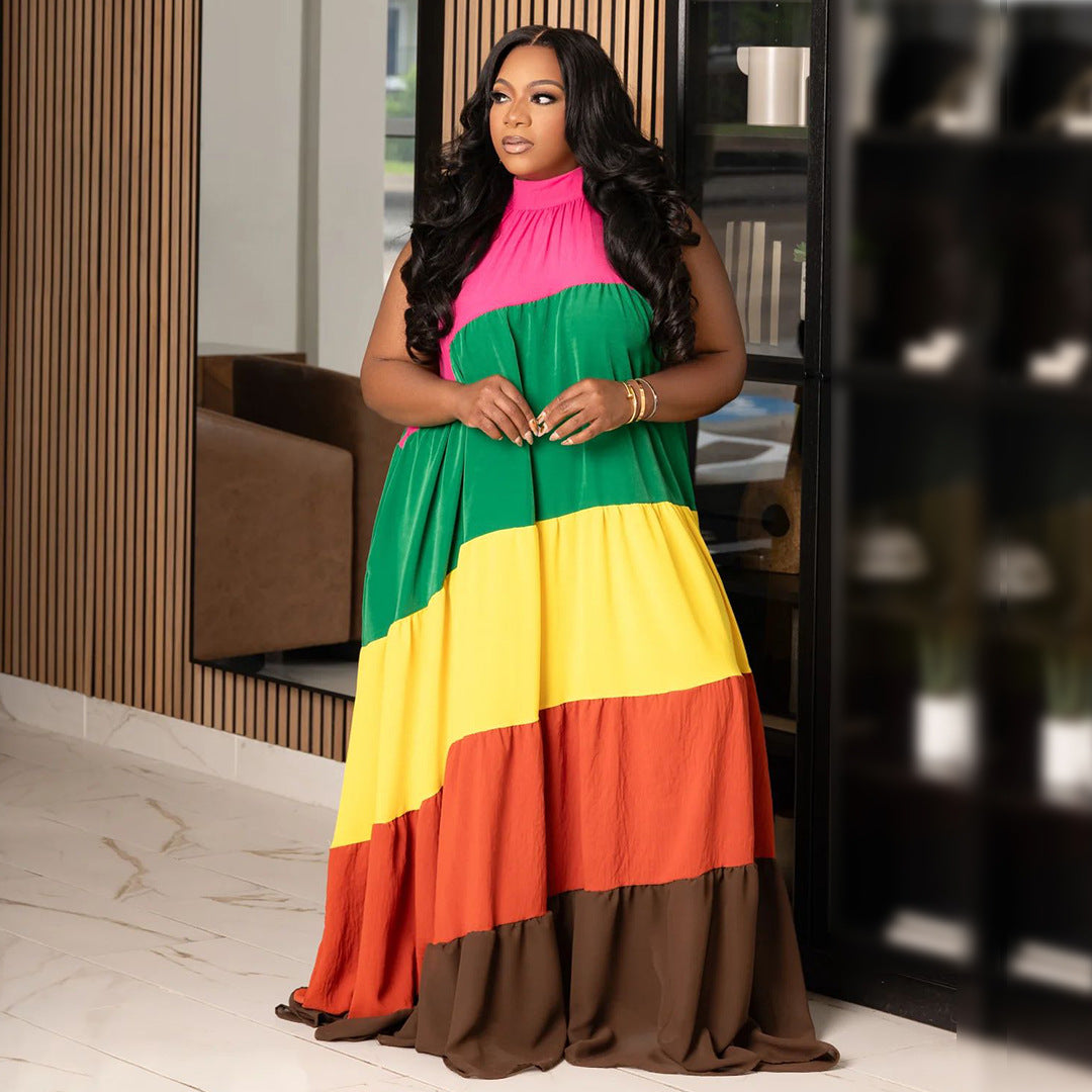 Plus Size Women Patchwork Contrast Maxi Dress