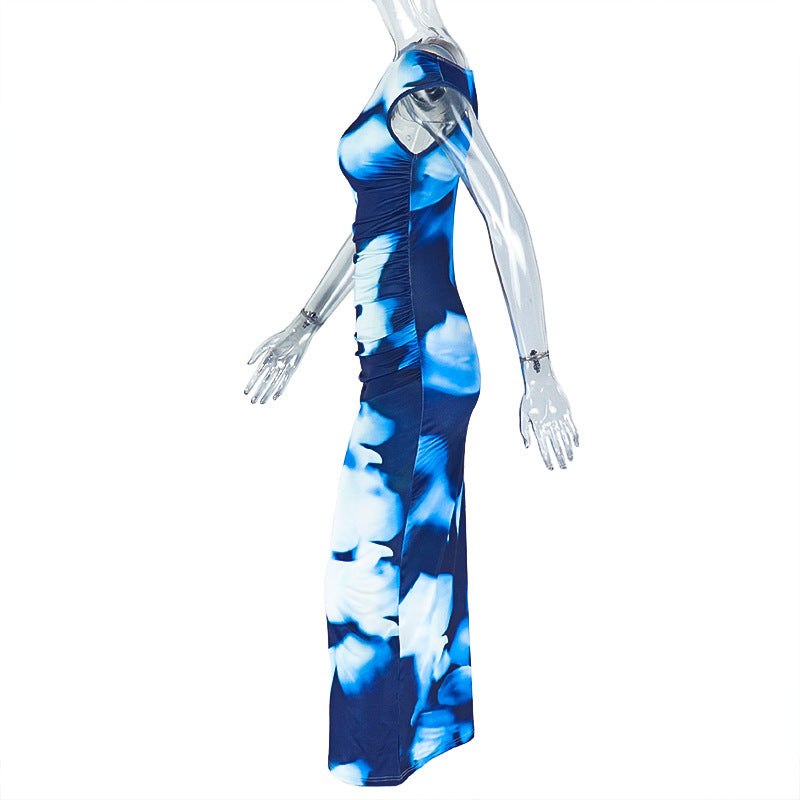 Women Printed Pleated Bodycon Slash Shoulder Asymmetric Dress 7