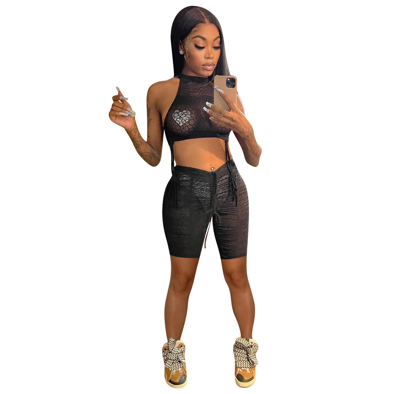 Women's Sexy Print See-Through Drawstring Dress 11