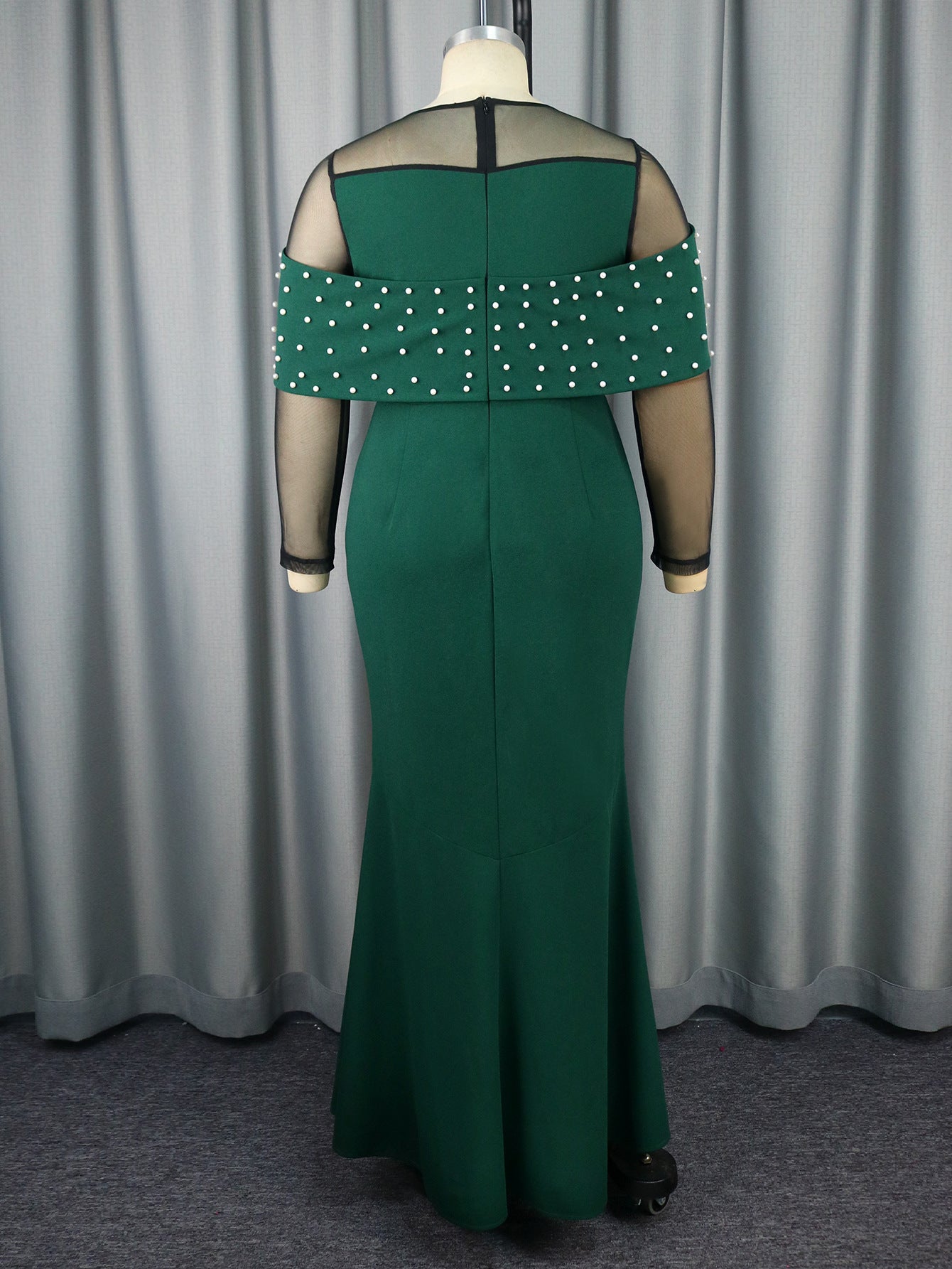 See-Through Long Sleeve High Waist Elegant Beaded High Waist Party Evening Long Dress 9