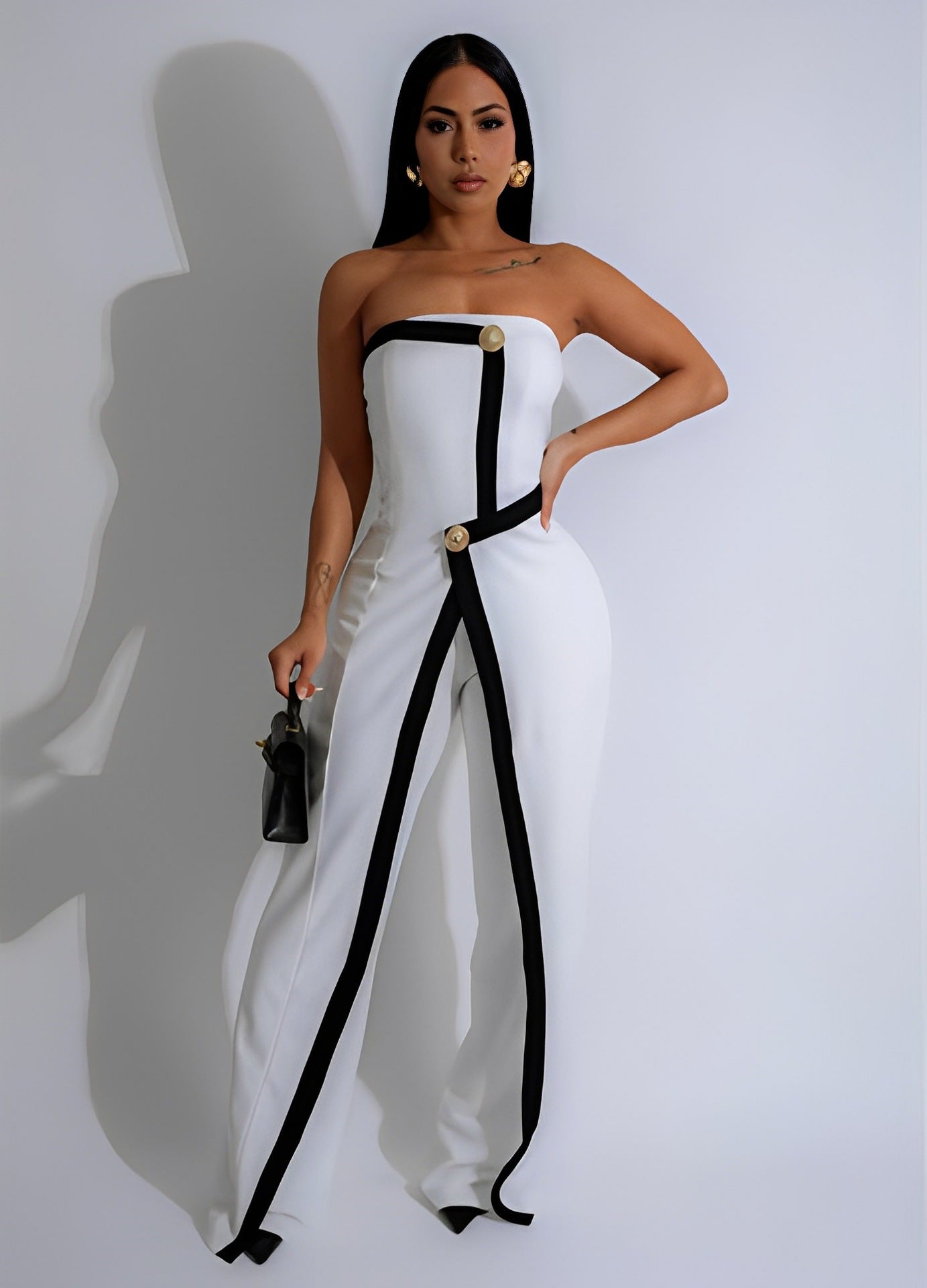 Fashion Women's Clothing Strapless Sexy Slim High Waist Contrast Color Jumpsuit 3