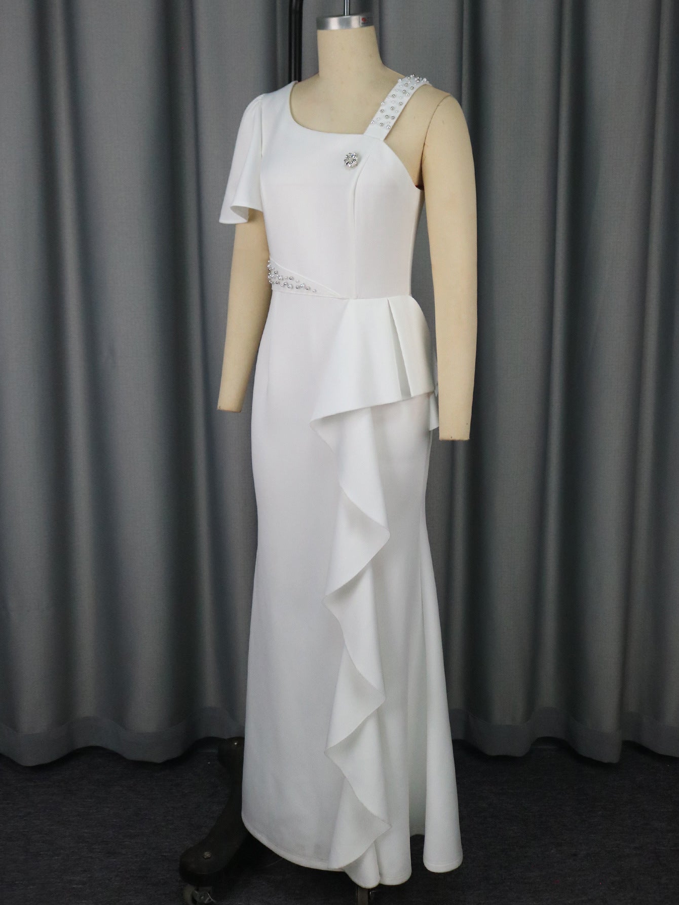 One-Shoulder Beaded Party Dress Chic Formal Bodycon Maxi Gown 6