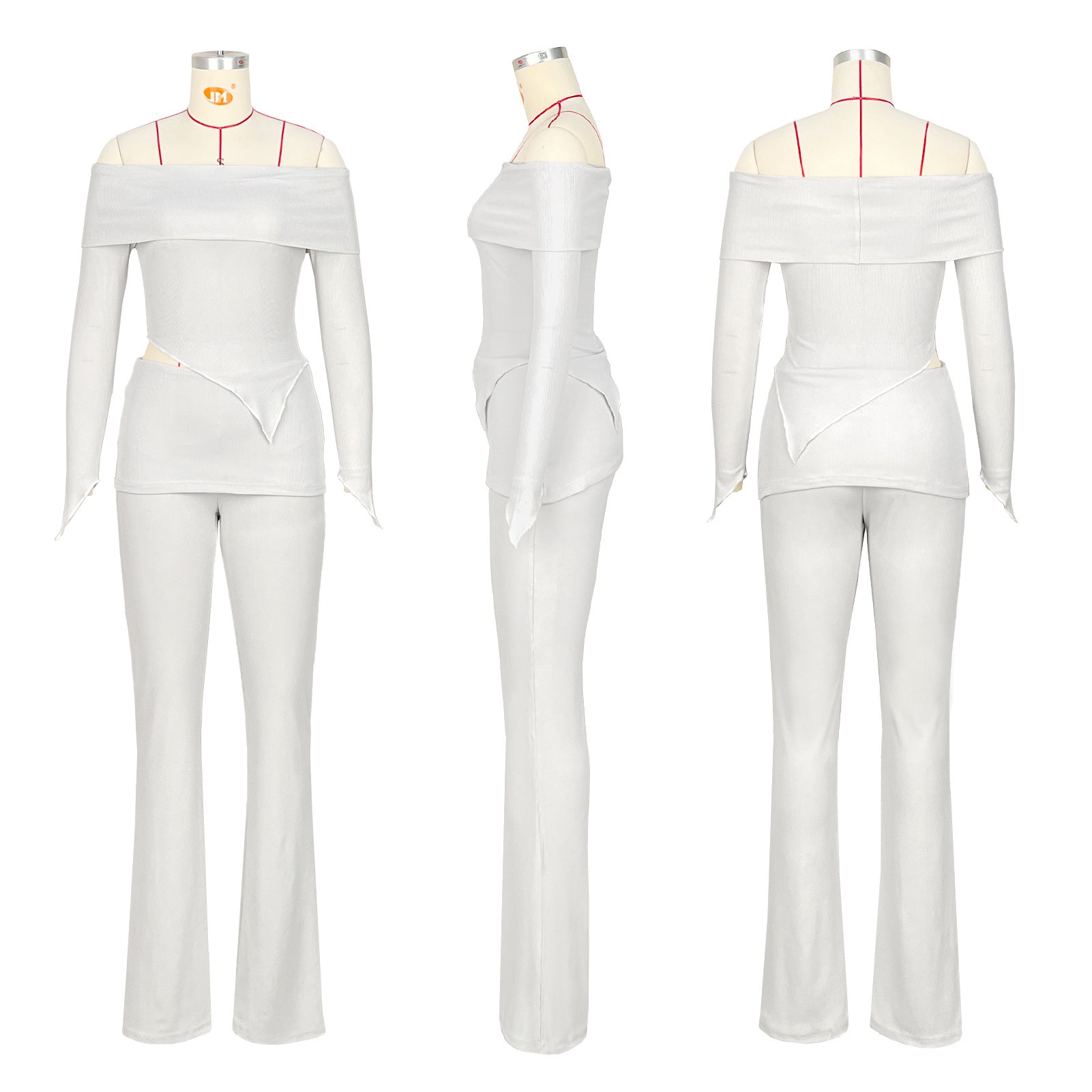 Women Irregular Off Shoulder Turndown Collar Top and Bell Bottom Pants Two-piece Set 16