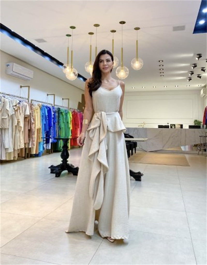 Spring Summer Fashionable Solid Color Sleeveless Strap Wide Leg Loose Women's Jumpsuit 4