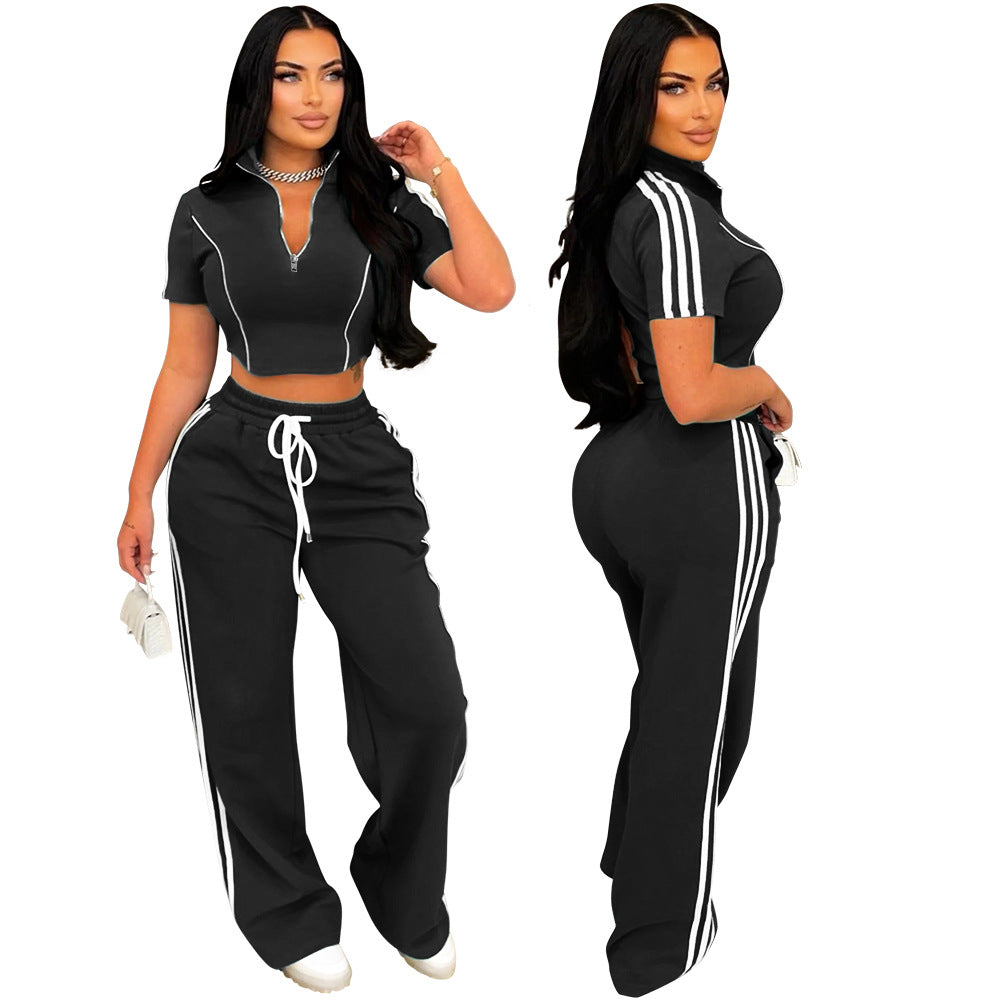 Fashion Women Zipper Short Sleeve Short Top Loose Pants Casual Two-Piece Set 4
