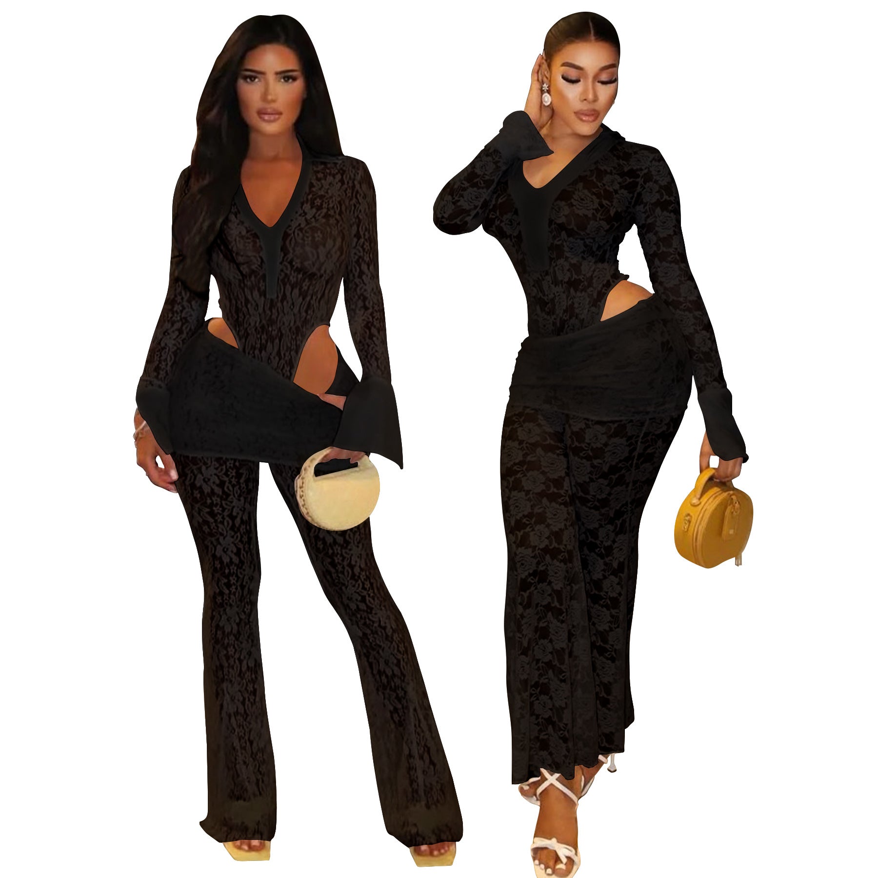 Women's sexy See-Through lace bodysuit pants two-piece set 3