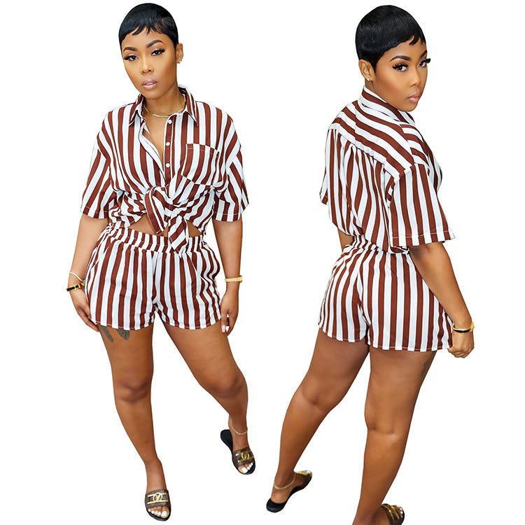 Women's Summer Fashion Stripe Print Set Loose Blouse Two Piece Set 10