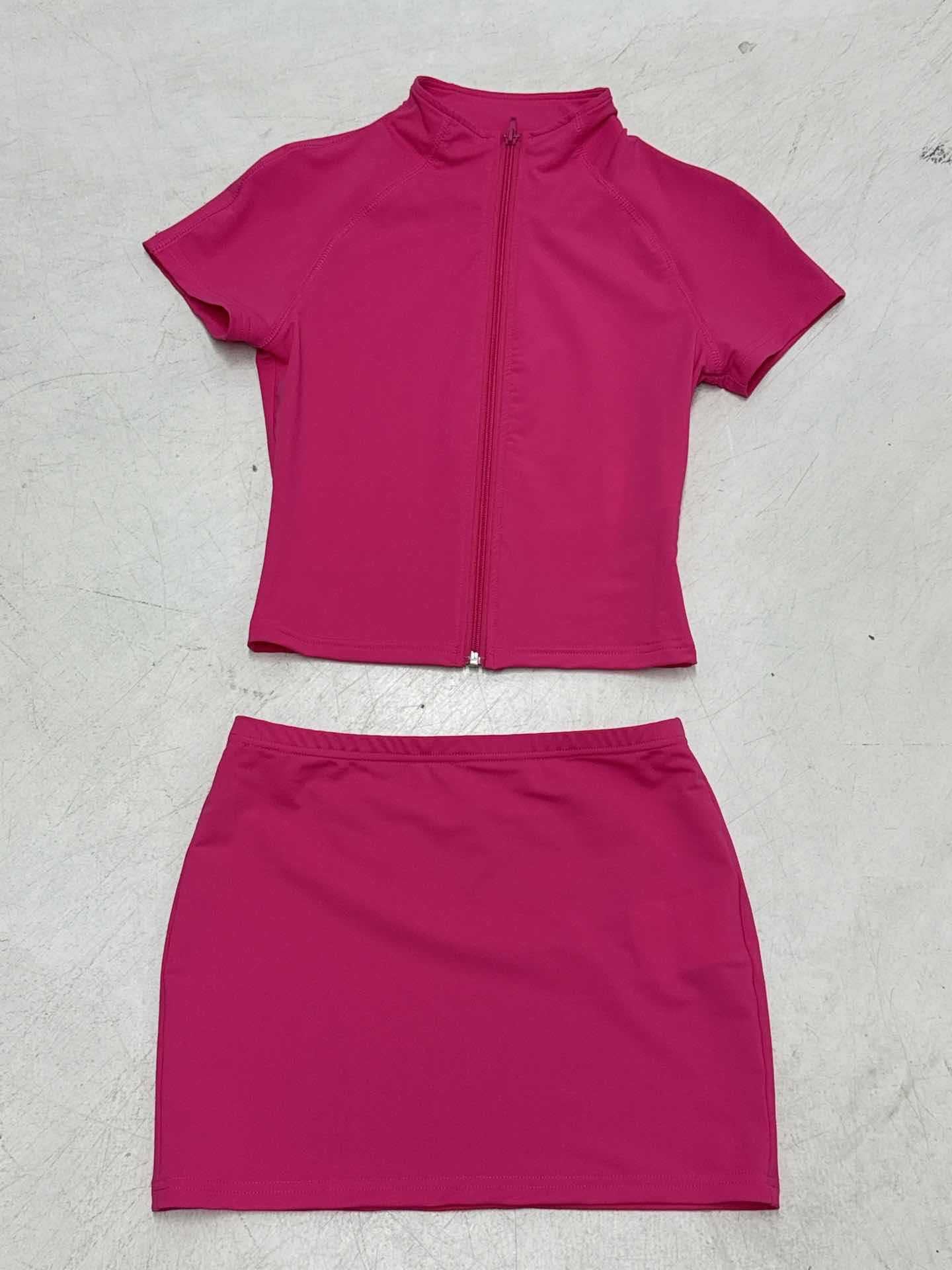 Women Basic Solid Fitted zipper short-sleeved T-shirt Bodycon skirt two-piece set 23