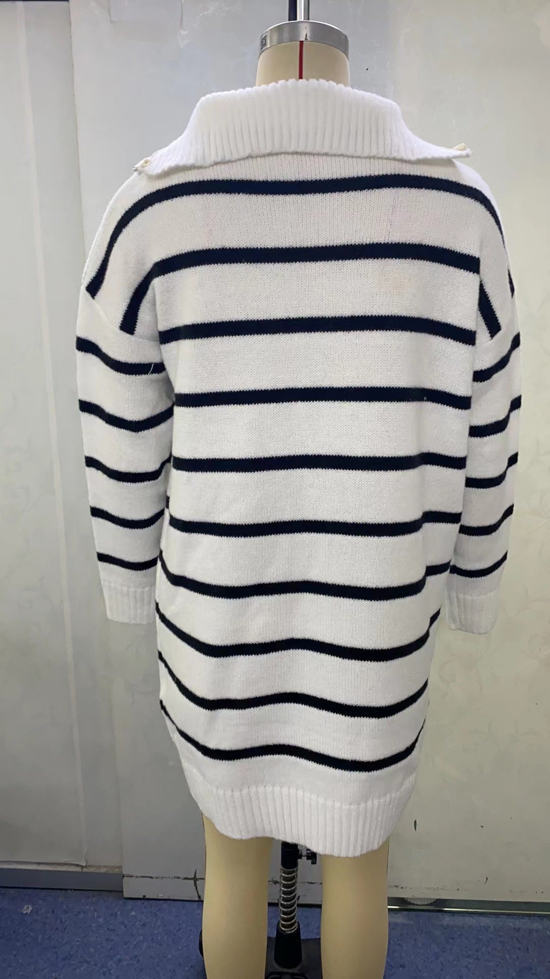 Women Autumn and Winter V-neck Long Sleeve Striped Loose Casual Knitting Sweater Dress 16