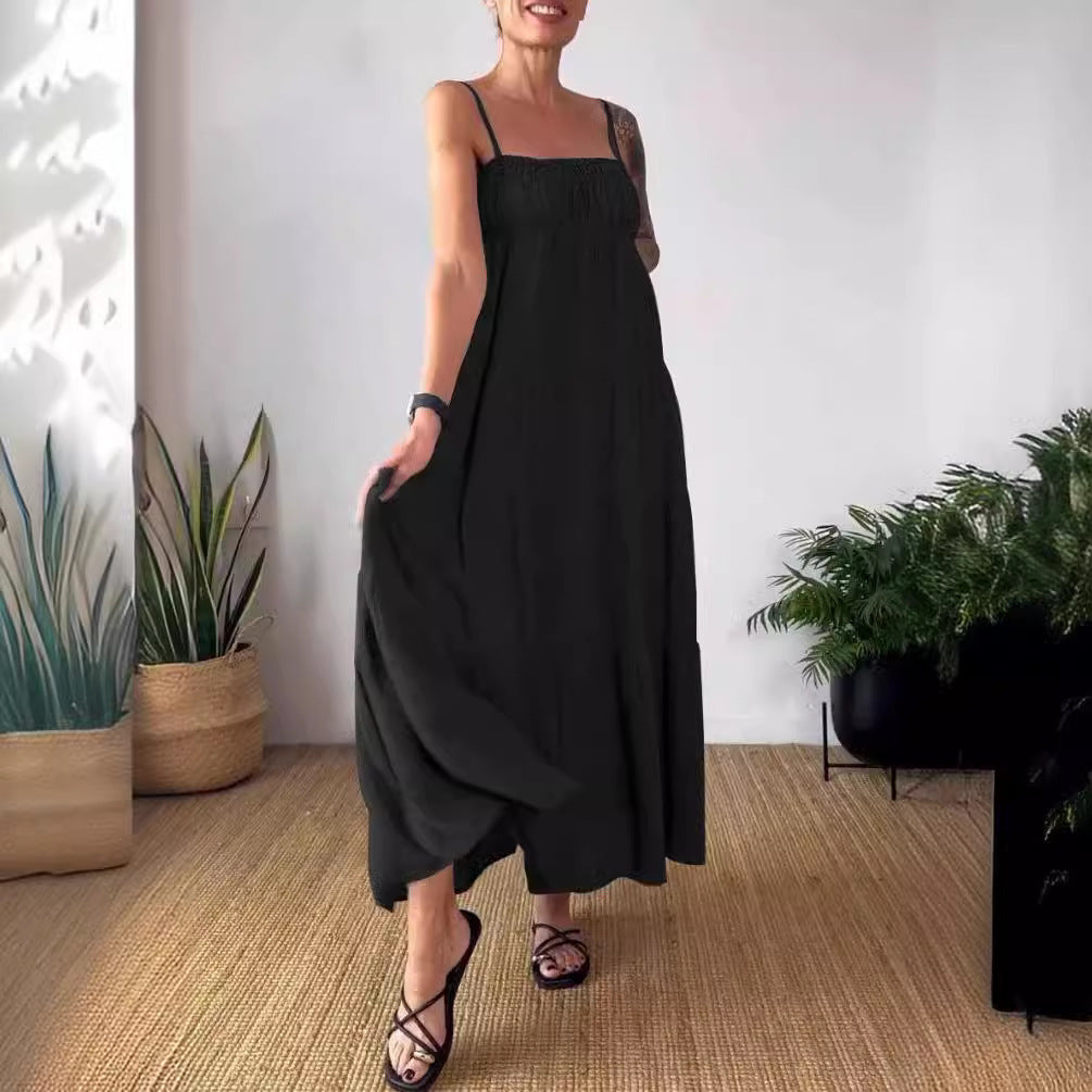 Spring Summer Women's Solid Color Casual Strap Loose Dress