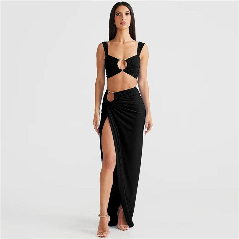 Spring Women's Sexy Crop Tank Top High Waist Slit Long Skirt Two Piece Set 9