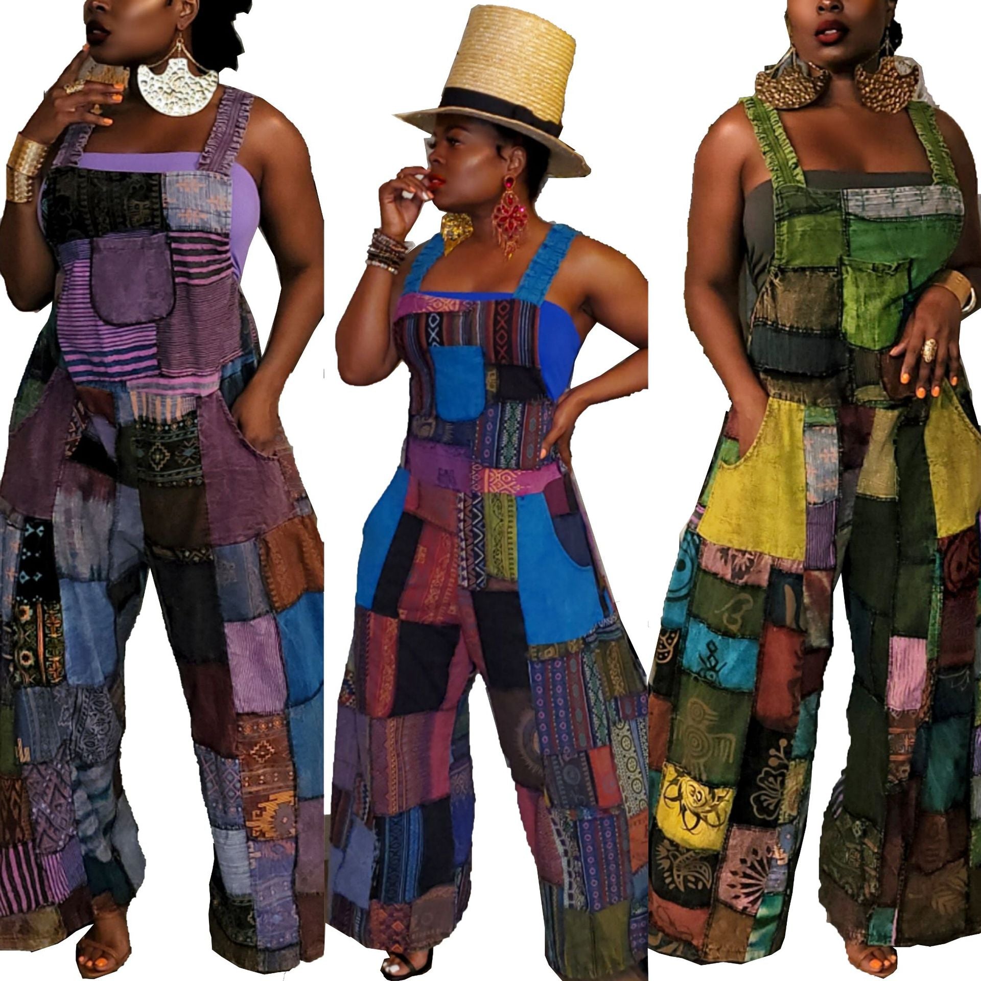 Women'S Printed Boho Bib Pants Strap Wide Leg Jumpsuit