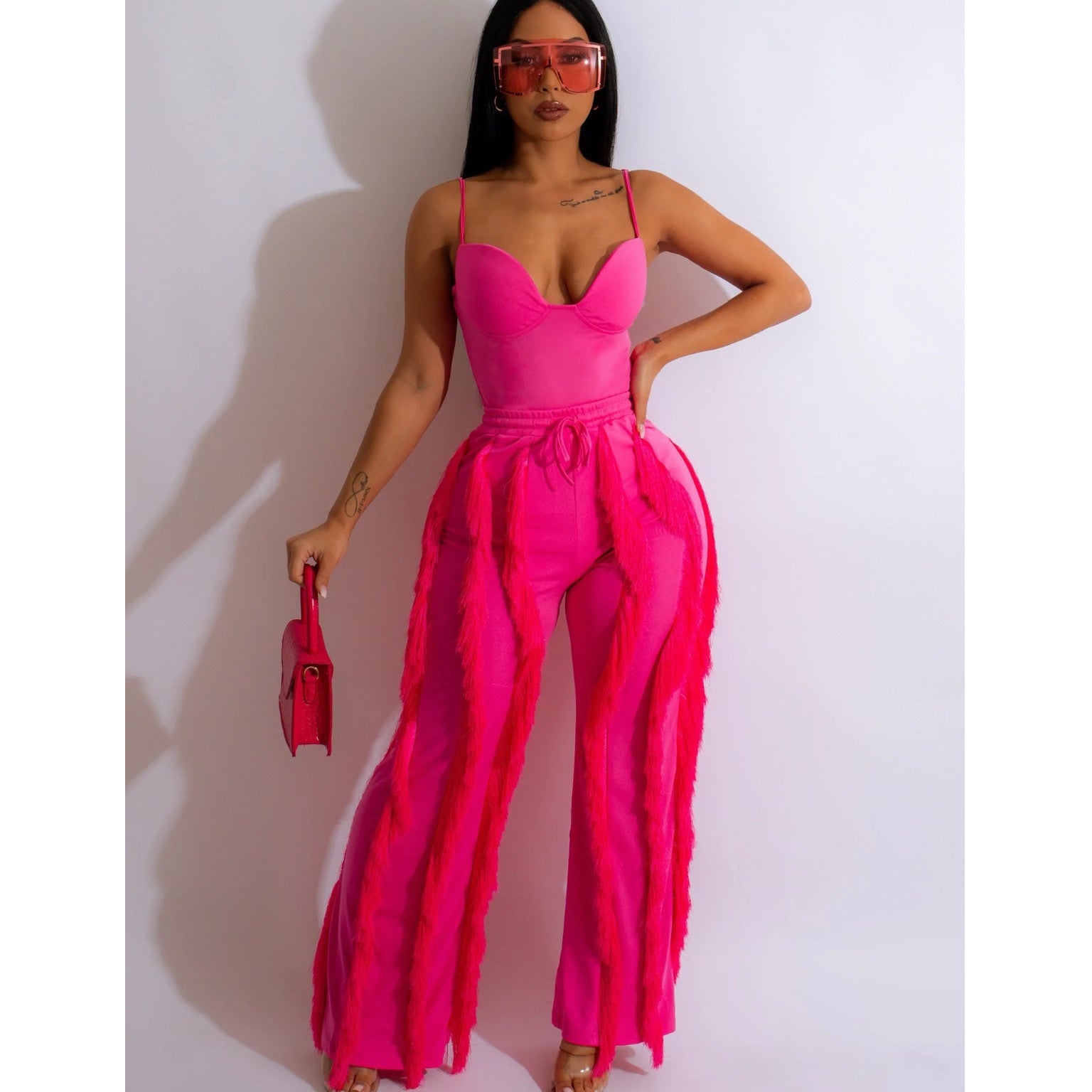 Women's Solid Color Straps Top Tassel Pants Two-Piece Set 9