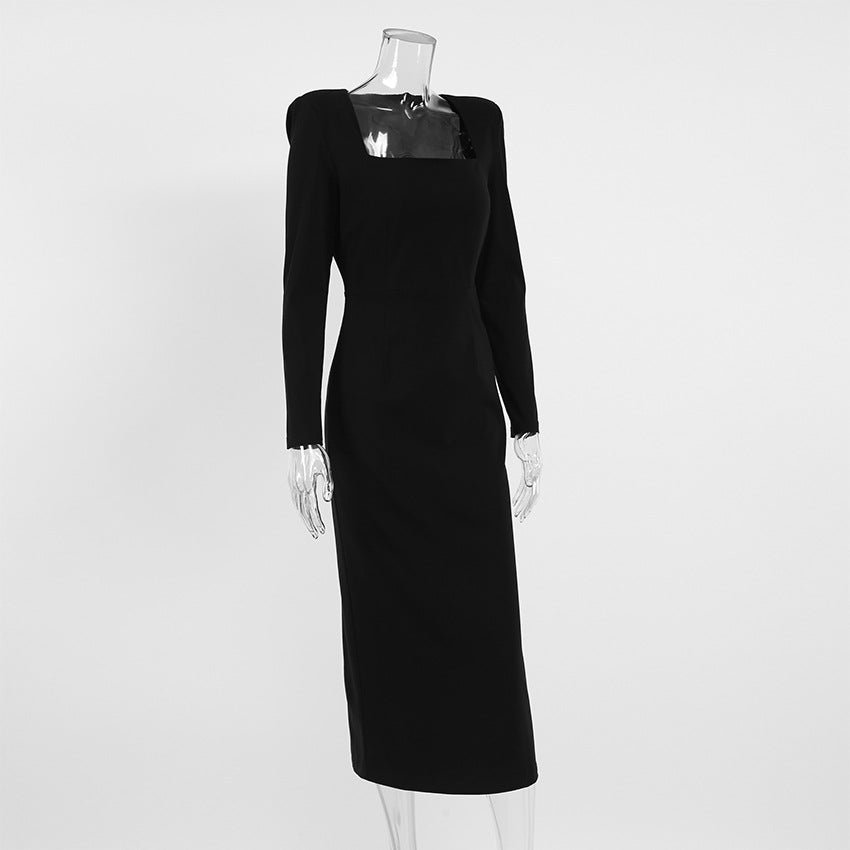 Autumn and winter French black dress Chic Slim Waist square neck long-sleeved elegant Tight Fitting long dress for women 10
