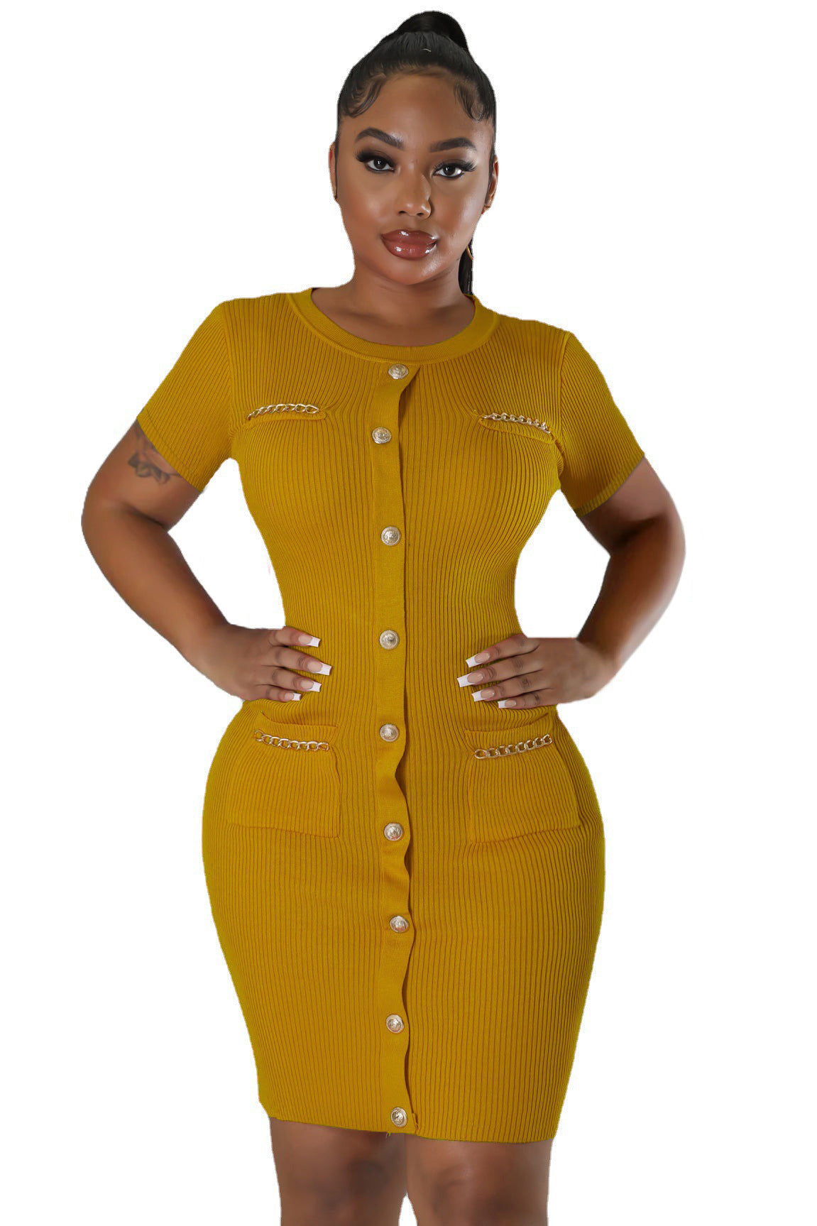 Women Round Neck Knitting Short Sleeve Dress 11