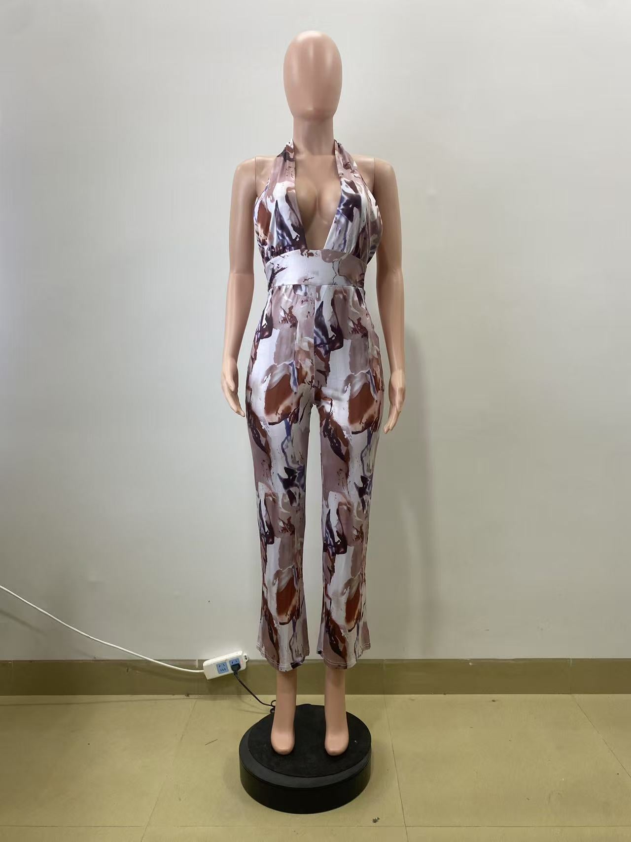 Summer Floral Print Halter Neck Low Back Slim Waist Sleeveless Trendy Jumpsuit 7