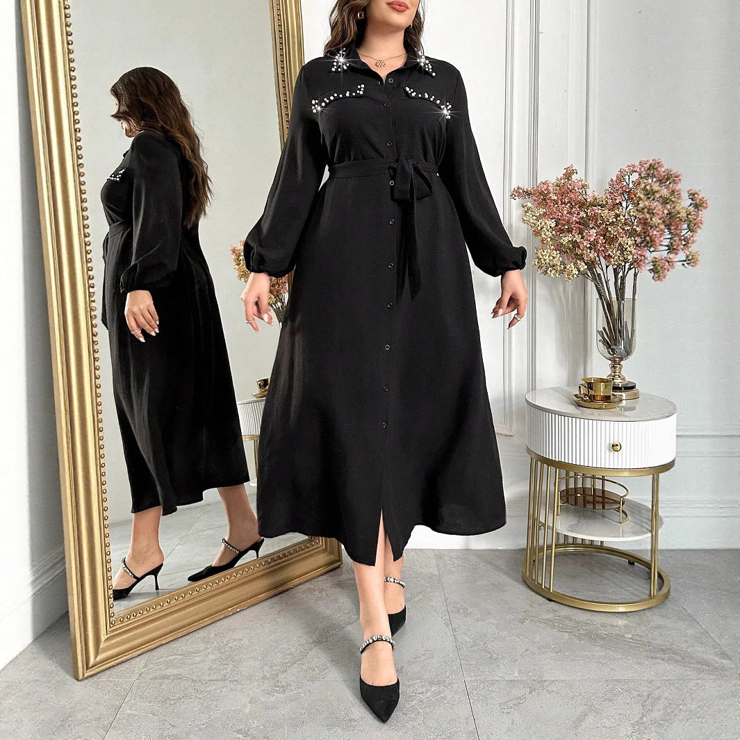 Plus Size Autumn/Spring Slim Waist Black Maxi Dress 5