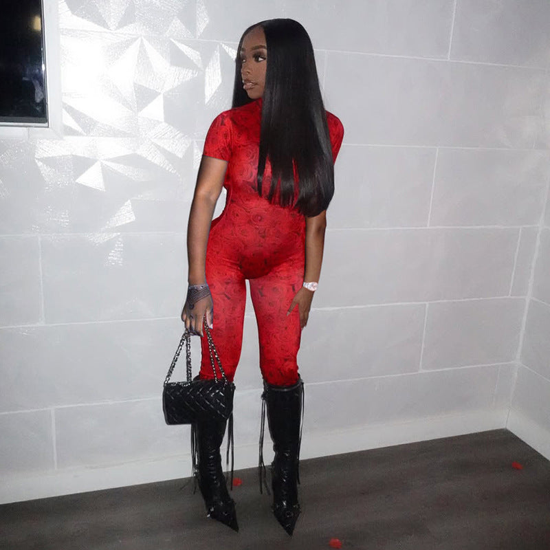 Women summer Women sexy Backless print See-Through Mesh Jumpsuit 7