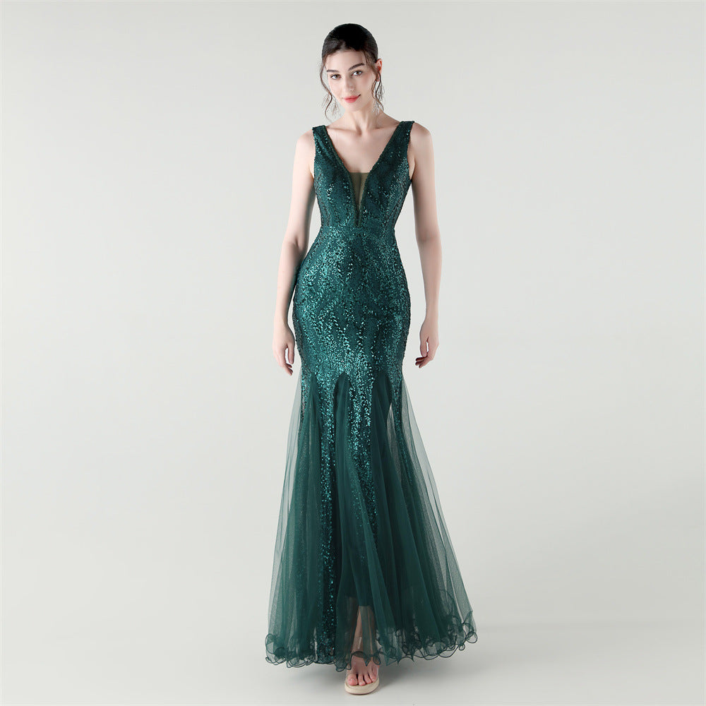 Deep V Fishtail Sequin Mesh Formal Party Evening Dress 12