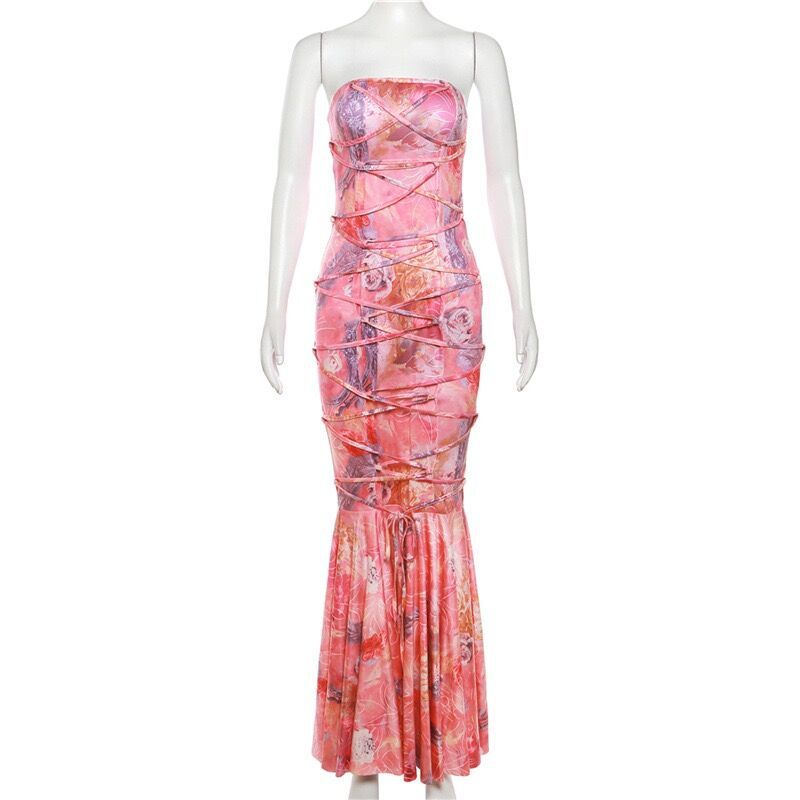 Women Strapless Printed Lace-Up Sexy Backless Dress 10