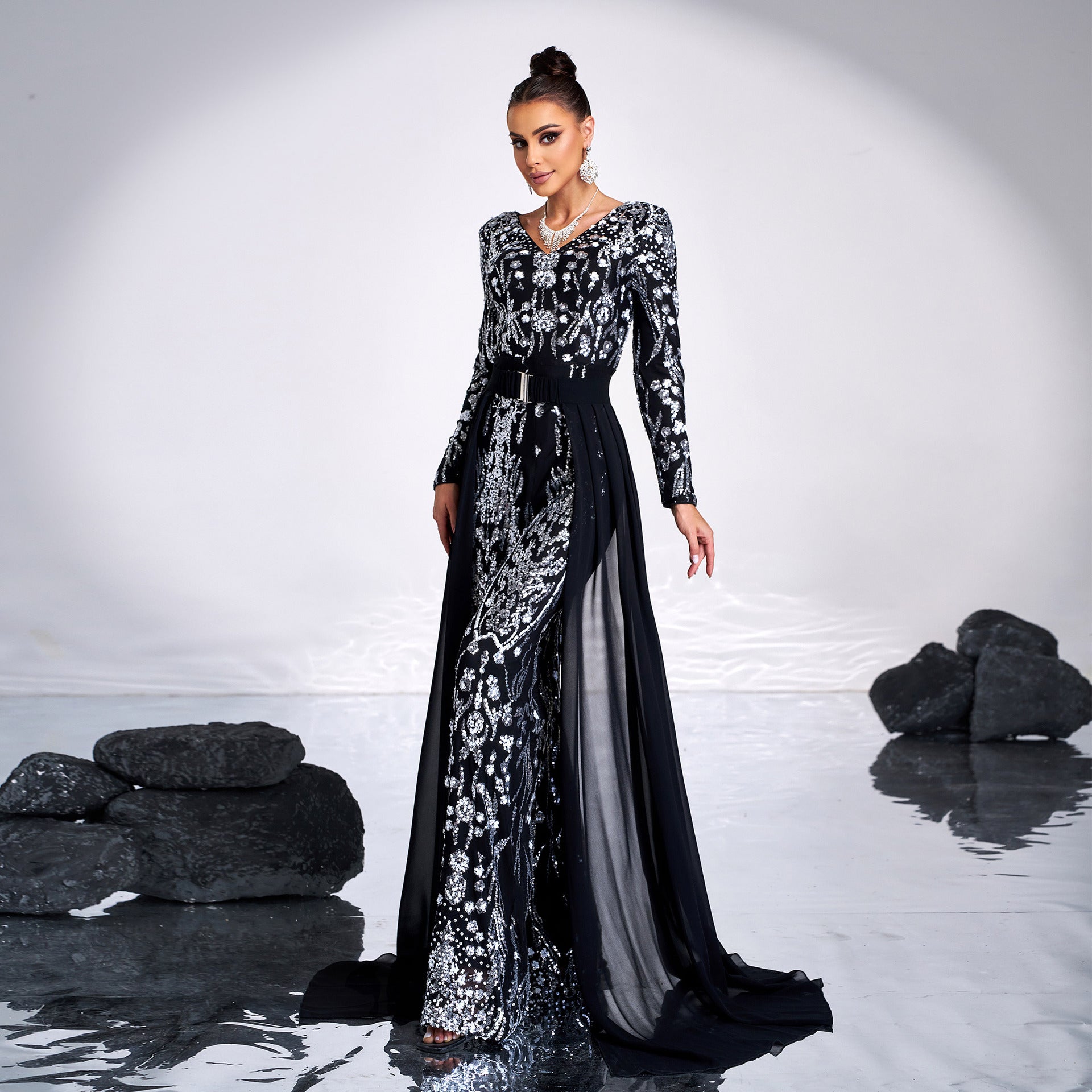 Women Chic V-Neck Long Sleeve Long Sequin Formal Party Jumpsuit 5