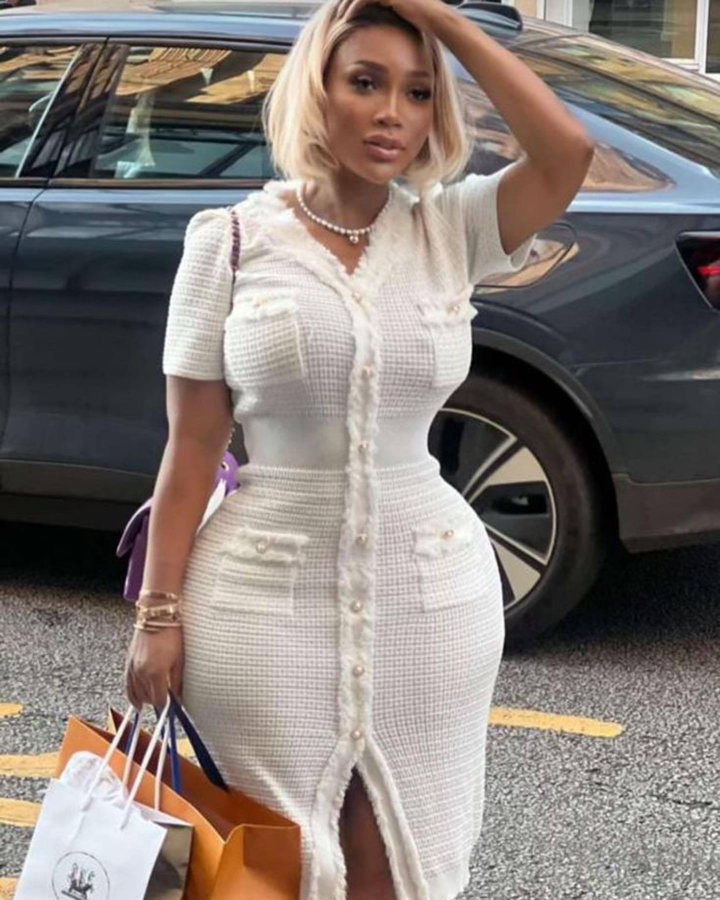 Summer Women's Buttoned Short-Sleeved V-Neck Slim Waist Slim Knitting Dress 3