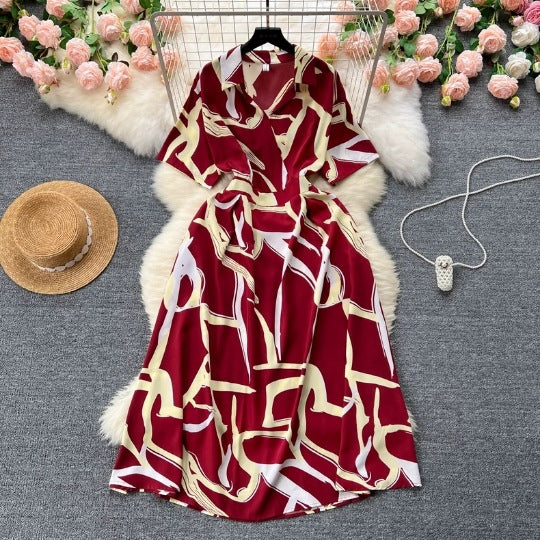 Chic Short-Sleeve Summer Holiday Slim Waist Print Dress 4