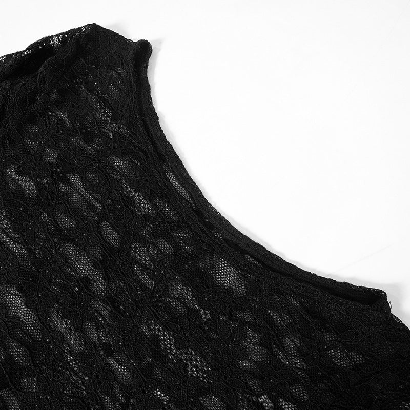 Women Summer Sexy See-Through Lace Round Neck Lace Mermaid Dress 11