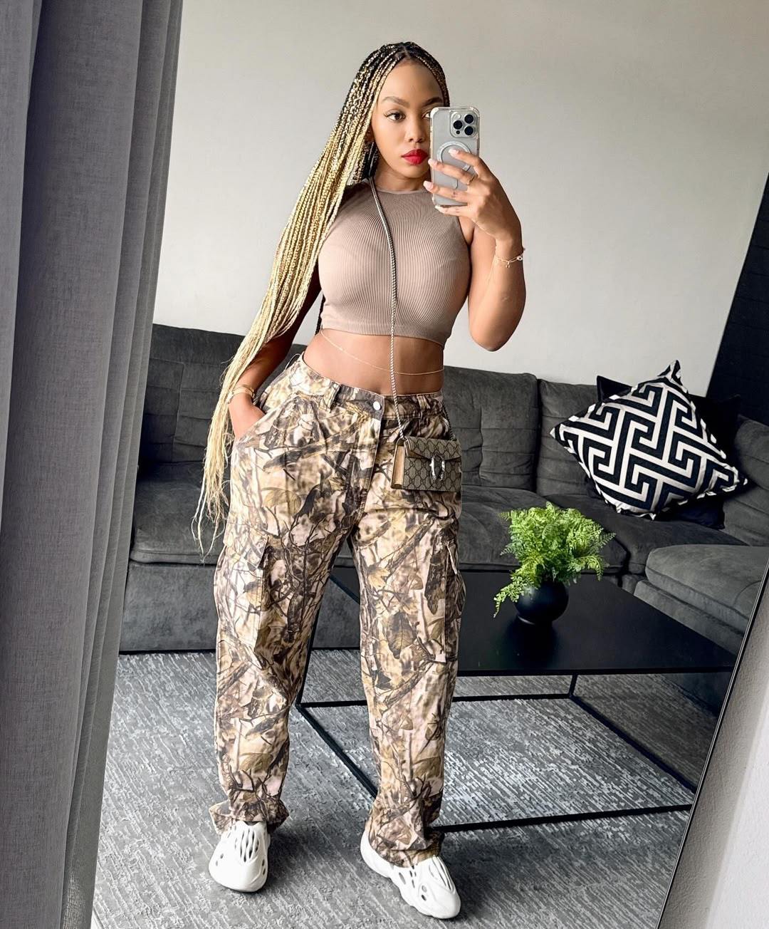 Women autumn branch print loose straight Casual Cargo Pants 3