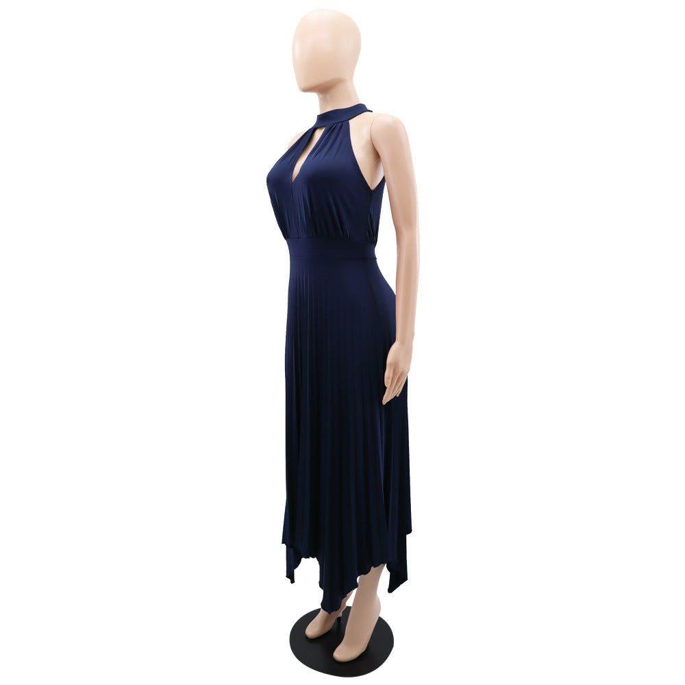 Women Casual Sleeveless Clipped Pleated Halter Neck Dress 18