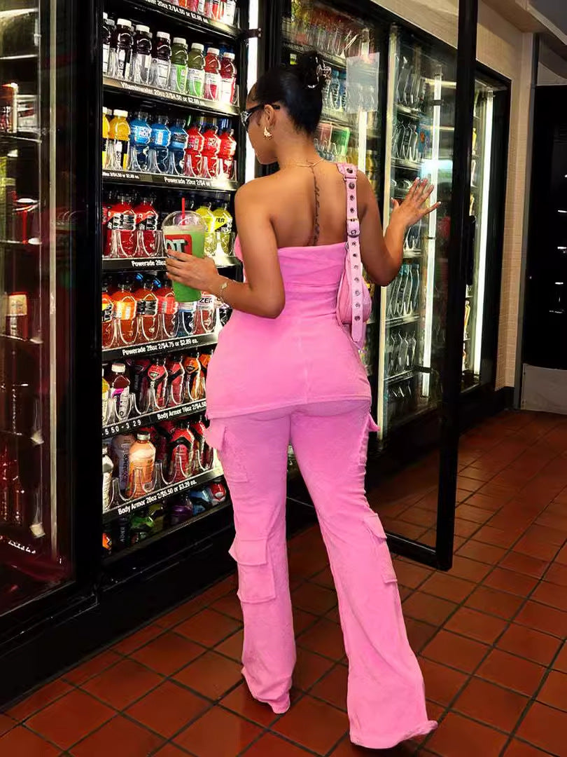 Women Backless Strapless Zipper Pocket Top and Stretch Pants Two-piece Set 3