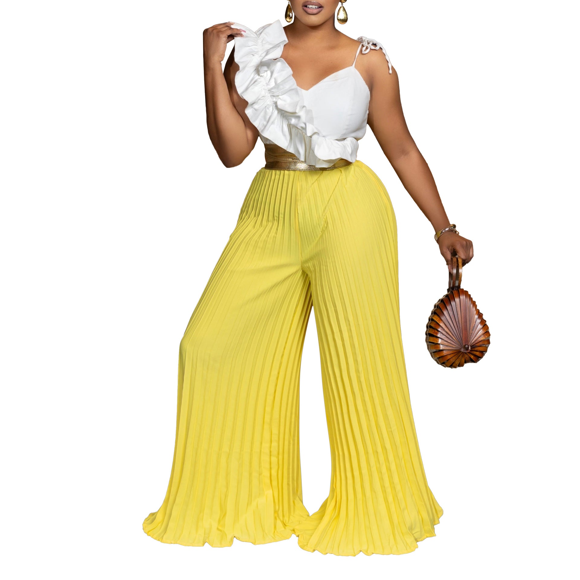 Women's Sexy Ruffle Sleeveless Top Wide Leg Pants Fashion Suit 9