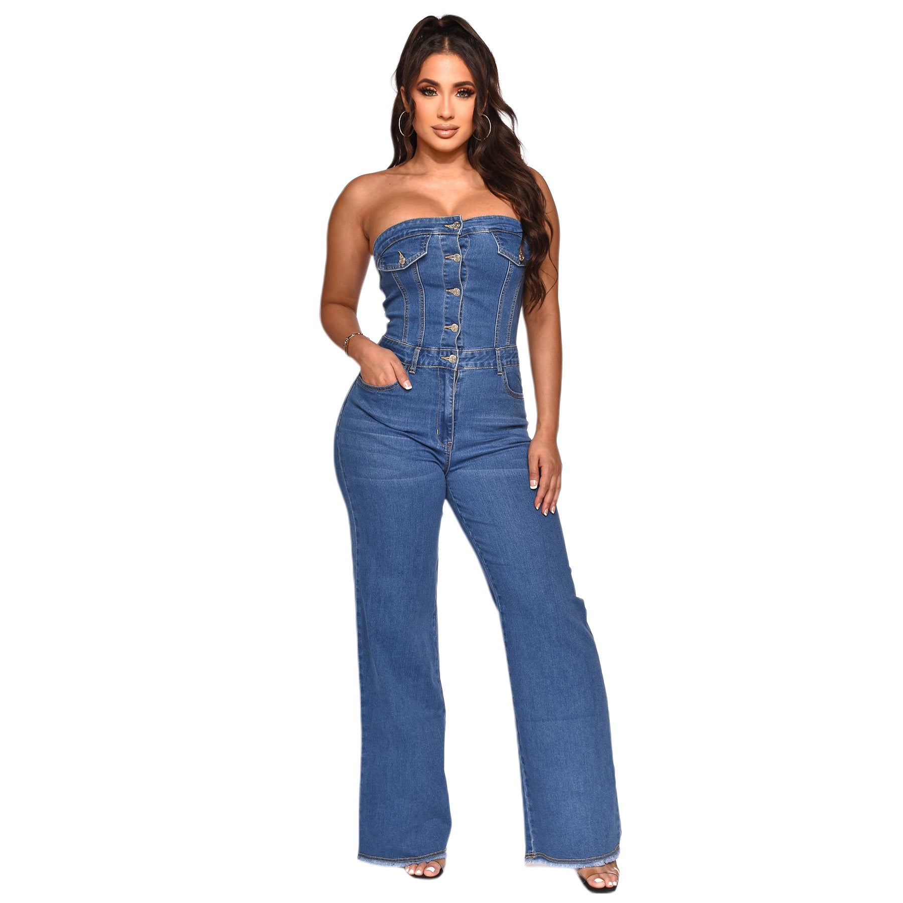 Women's Strapless Slim Fit Micro Bell Bottom Denim Jumpsuit 5
