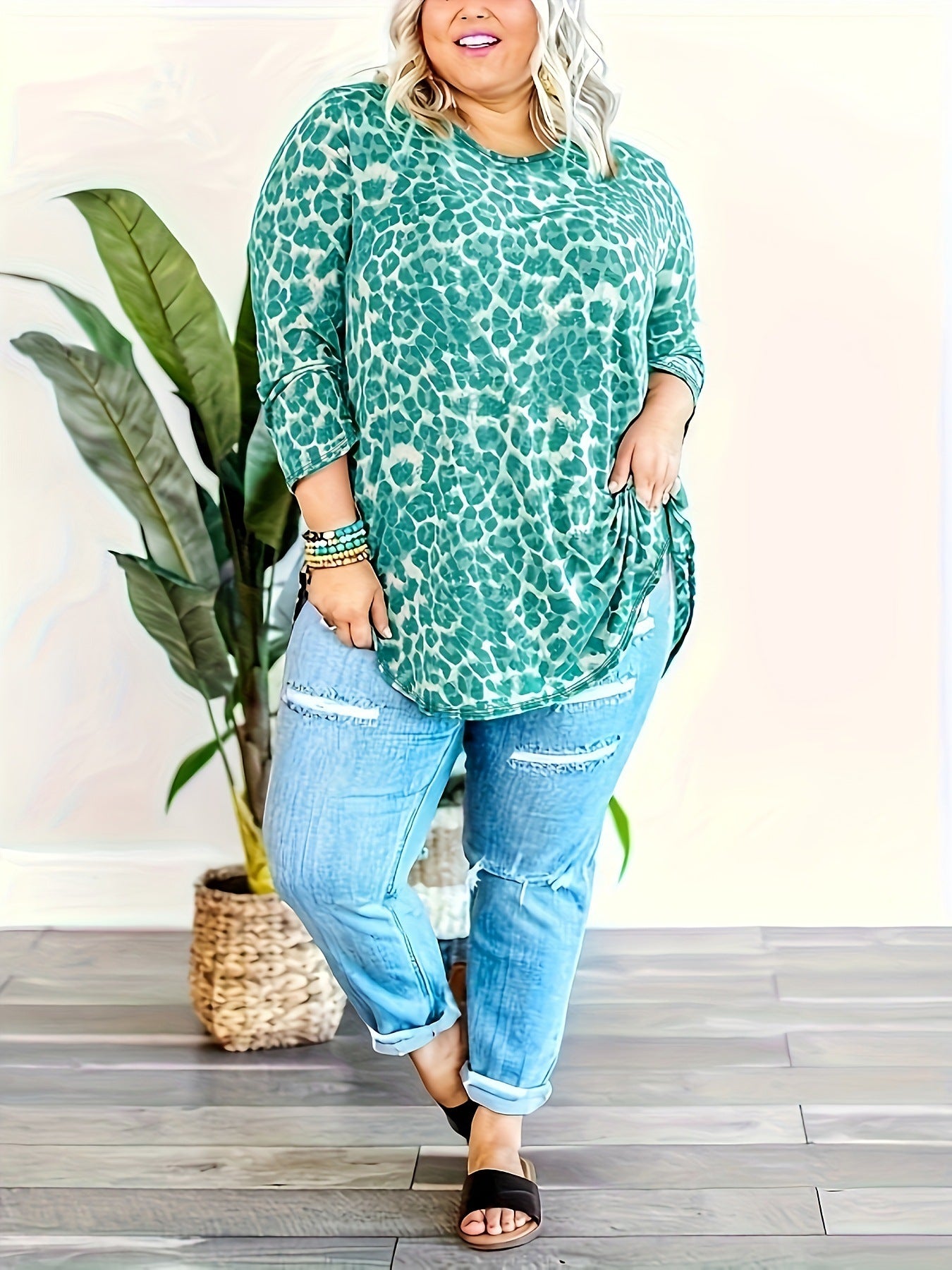 Printed Long Sleeve Plus Size Loose Top