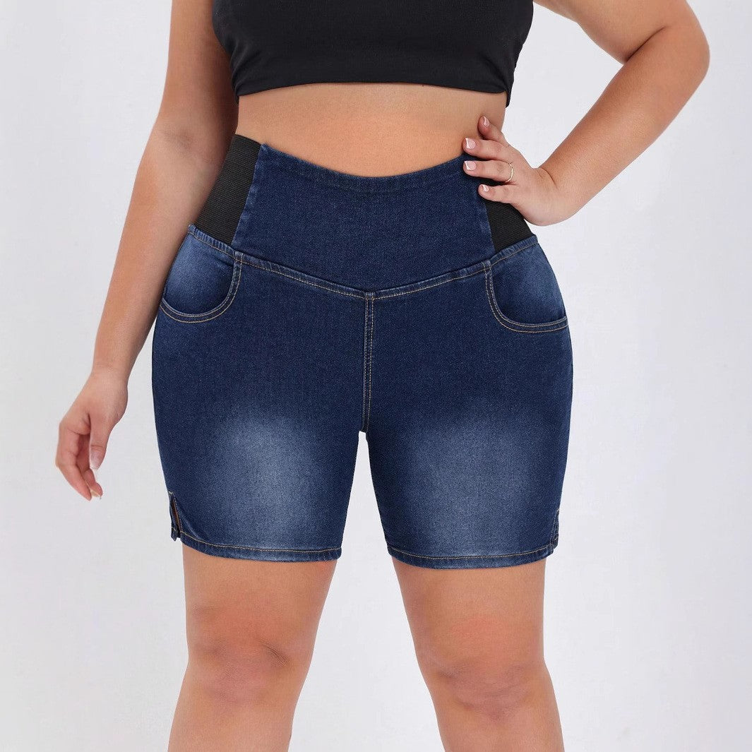 Plus Size Women Elastic Waist Denim Shorts 3