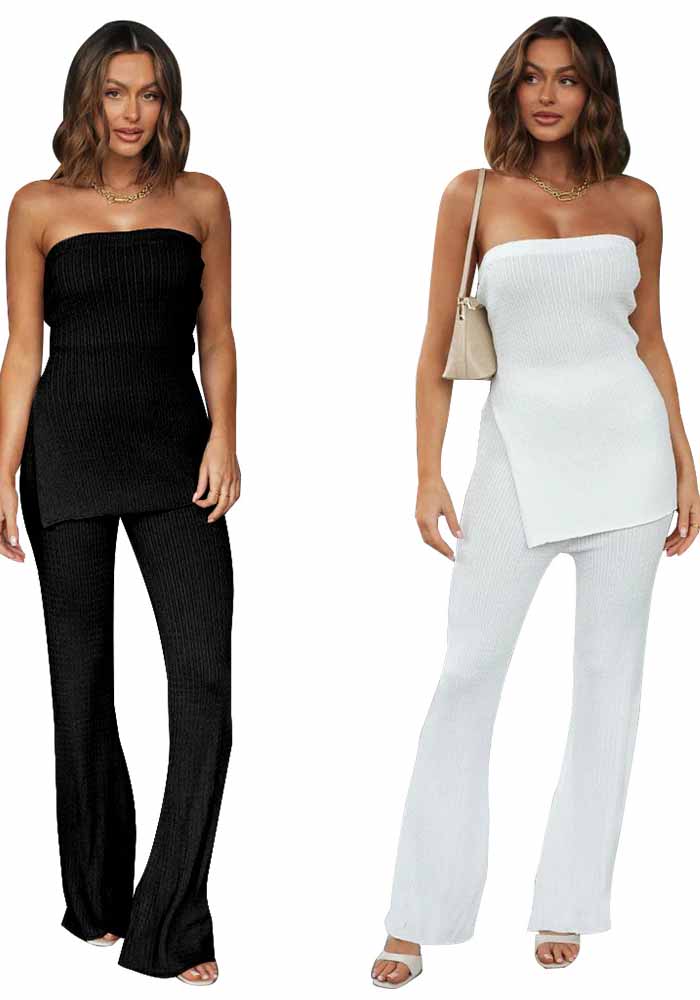 Women's Fall Sleeveless Ribbed Wide Leg Pant Set Casual Two Piece