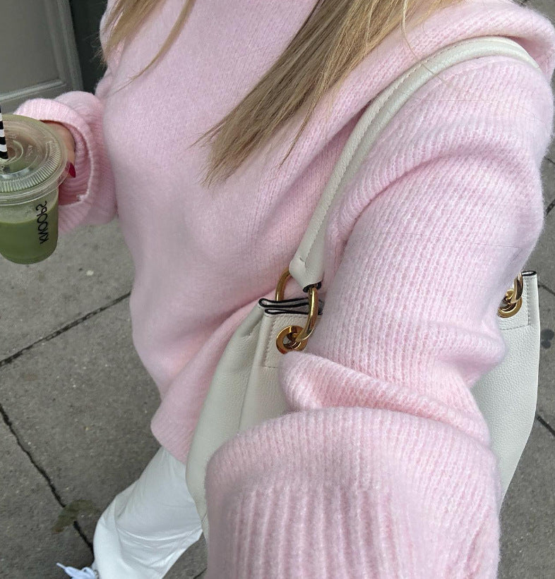 Women Loose-Cut Winter Pink Round Neck Casual Sweater 12