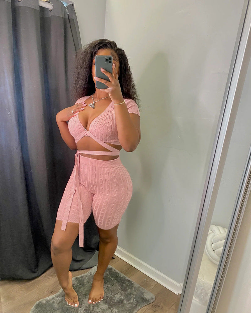 Women's Solid Color Lace-Up Tight Fitting Ribbed Sexy Two Piece Shorts Set 4