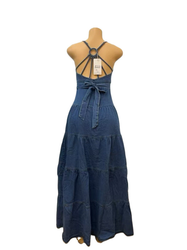 Women's Autumn Sexy V-Neck Strap Low Back Cascading Ruffles Long Dress 7