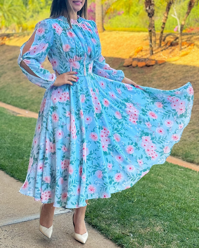 Women light blue floral long sleeve neckline Ruffle Edge dress