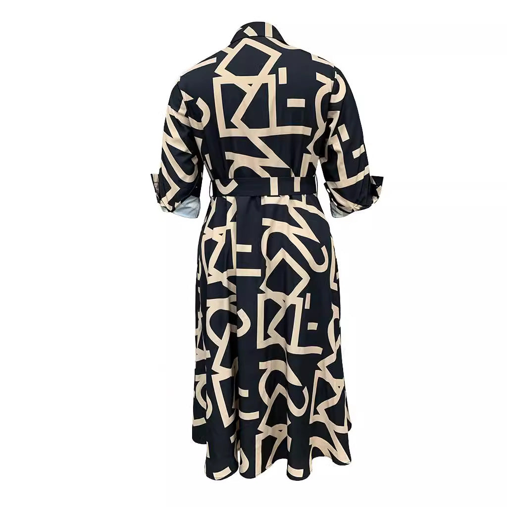 Women's Spring Summer Fashion Chic Plus Size Printed Turndown Collar Long Sleeve Dress 5