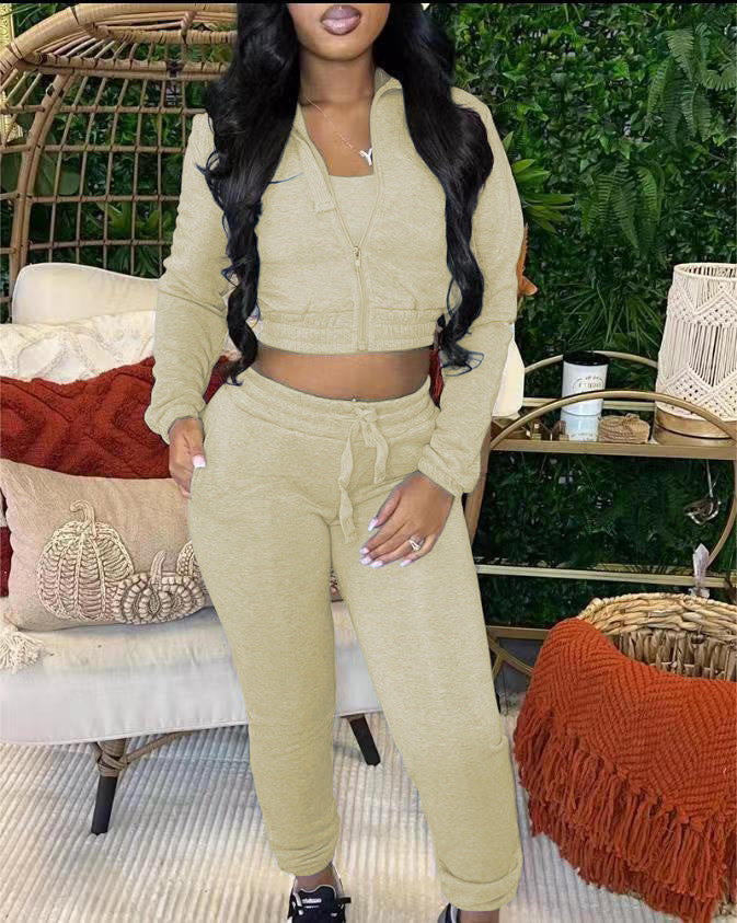 Women zipper Crop Top and Pant two-piece set 6